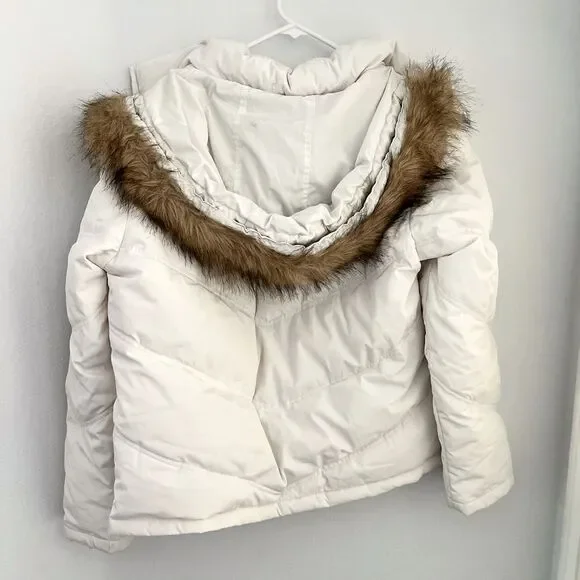 Giacca Puffer Jacket Winter Fur Lining White Brown Warm Coat Snow Jacket Size L - Picture 2 of 9